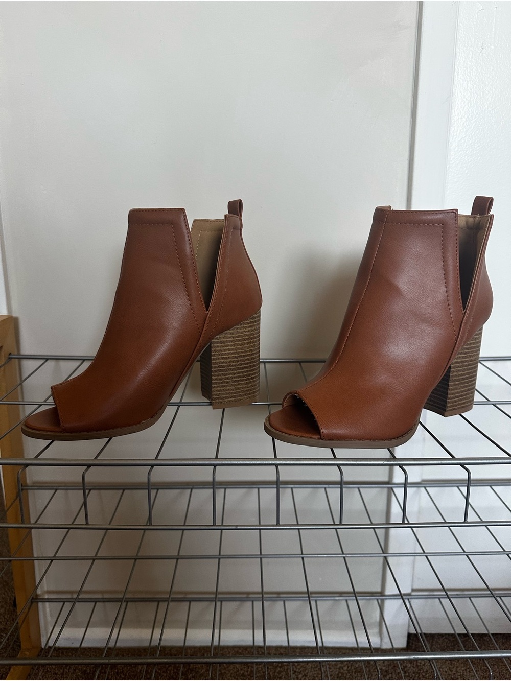 Pink Lily Beth Brown Booties- Peep-Toe Block Heel Ankle Booties